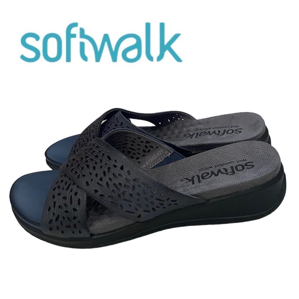 NEW in Box SoftWalk Tillman Denim Laser Slide Sandals 6 6N